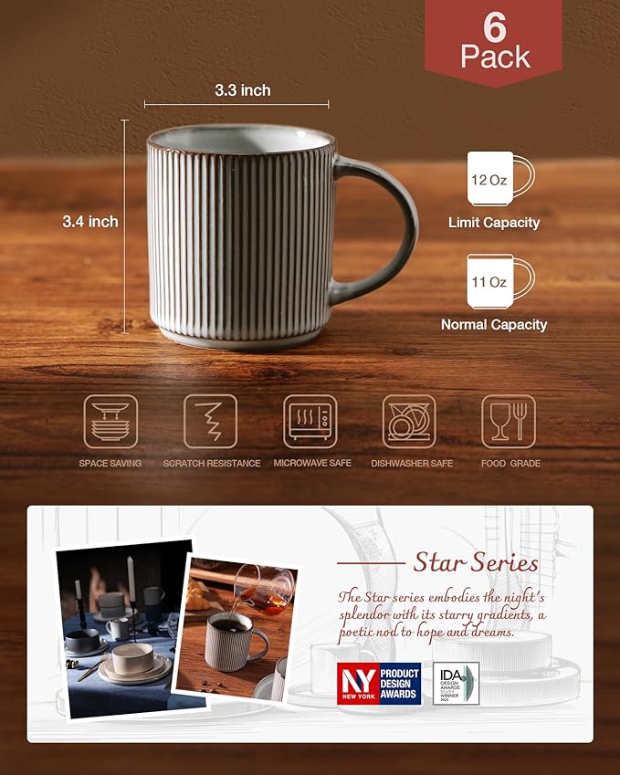 famiware Coffee Mug Set for 6, Star 12 oz Catering Mugs Cup Set with Handle for Coffee, Tea, Cocoa, Milk - Ceramic Stoneware Drinkware Set, Smoky Blue-Ruum Studio Home