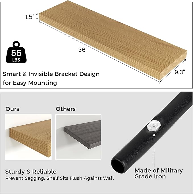 Floating Shelves for Wall, 2 Large Wall Mounted Shelves with Invisible Brackets, Long Wood Floating Wall Shelf Shelves for Living Room, Bedroom, Kitchen, (Oak, 36" W x 9" D x 1.5" H)-Ruum Studio Home