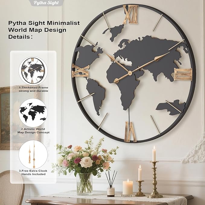 36 Inch Oversized Giant Extra Large Modern Decorative Metal World Map Wall Clock,Big Vintage Gold Roman Numeral Wall Clocks for Living Room,Entryway,Office,Fireplace,Dining Room-Ruum Studio Home
