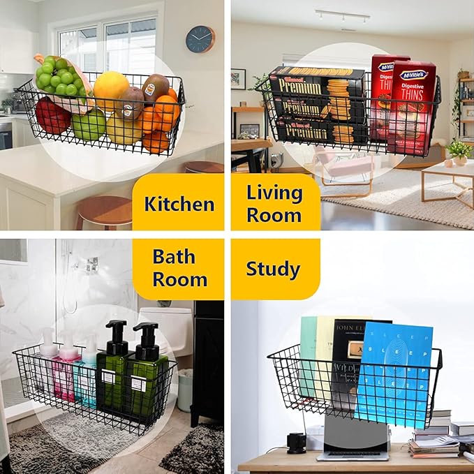 Joben Oligey 3 Set [Extra Large] Hanging Wall Baskets ,Wire Basket For Storage Pantry, Farmhouse Food Storage Kitchen Pantry Laundry Closet Garage RV ,Black-Ruum Studio Home