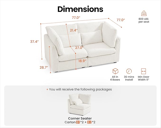 Oversized Modular Sofa, Extra Deep Cloud Corduroy Sectional Couch with Ottoman Chaise, Fluffy Corduroy 2 Seater Sofa Bed for Living Room, Villa (Loveseat Sofa, Corduroy White)-Ruum Studio Home