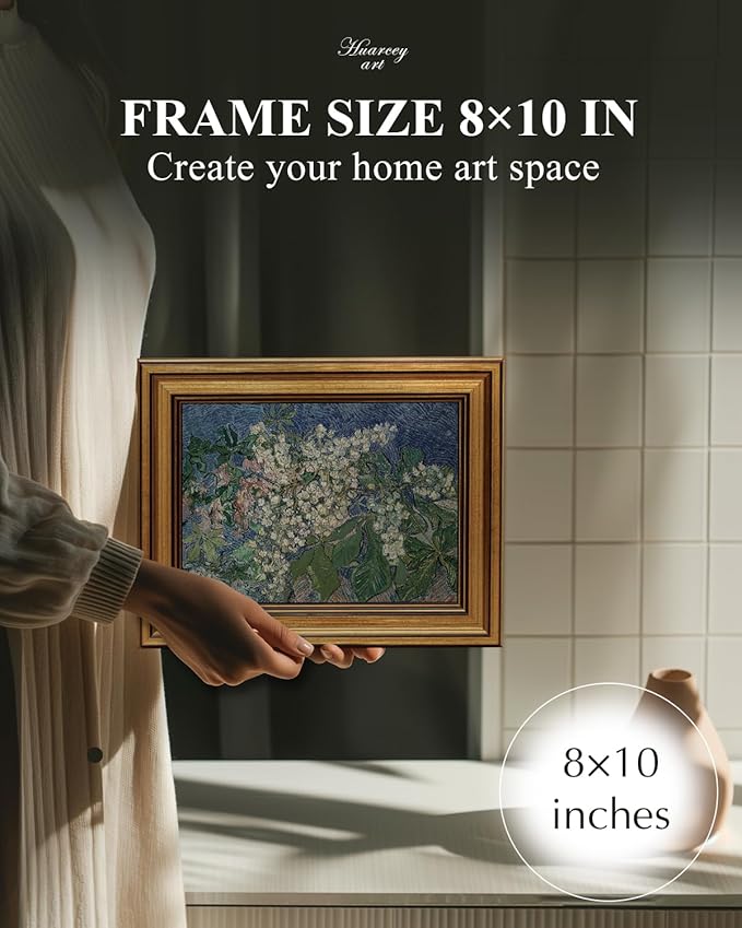 HUARCEY Gold Framed Vintage Wall Art for Living Room, Flowers Painting Canvas Prints Shelf Decor for Kitchen, Van Gogh Bedroom Wall Art, Christmas Gifts for Friends or Family ( Chestnut Branches 8"x10" )-Ruum Studio Home