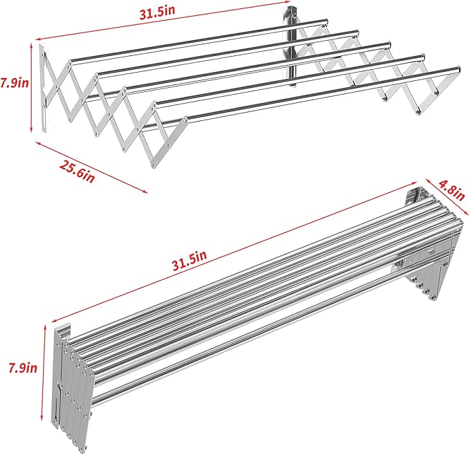 Guevara Wall Mounted Clothes Drying Rack,Stainless Steel Foldable Drying Rack for Laundry Room/Bathroom Tower，Easy to Install 31-inch Rod, 120 lbs Large Capacity- Indoor and Outdoor Use-Ruum Studio Home