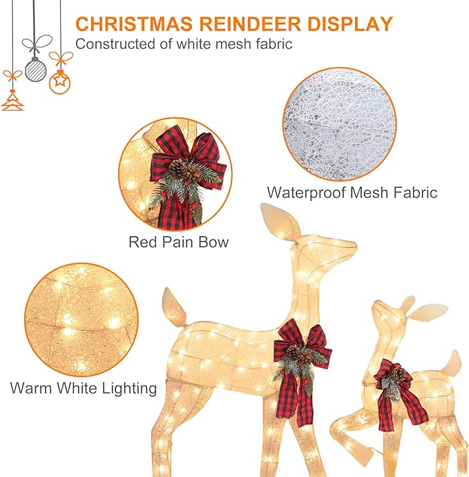 2 Pcs Reindeer Christmas Decoration, Xmas Lighted White Shimmering Doe and Fawn Display Set with 105 Warm White Lights for Yard Lawn Indoor Outdoor-Ruum Studio Home