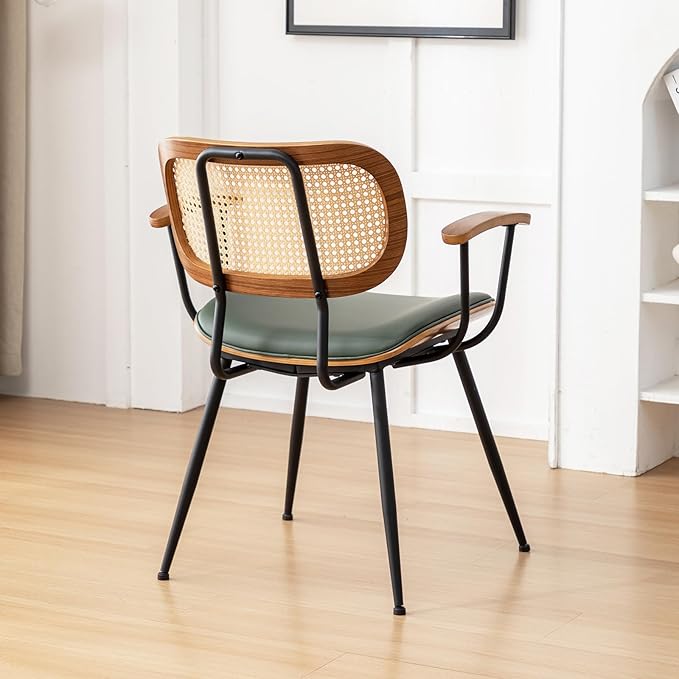 Rattan Dining Room Chairs Set of 2,Mid Century Modern Kitchen Side Chairs,Metal Legs Desk Chair,Faux Leather Accent Chair with Arms and Rattan Backrest Green PU-Ruum Studio Home
