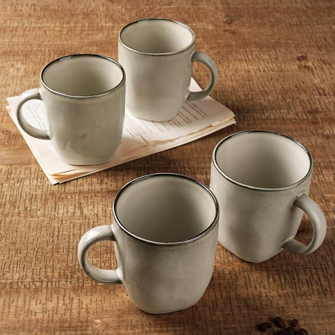 famiware Coffee Mugs Set of 4, Ocean Square 13oz Coffee Cup Set with Handle for Cocoa, Milk, Hot Chocolate, Tea, Water, Stoneware Cups for Kitchen, Microwave and Dishwasher Safe, Light khaki-Ruum Studio Home