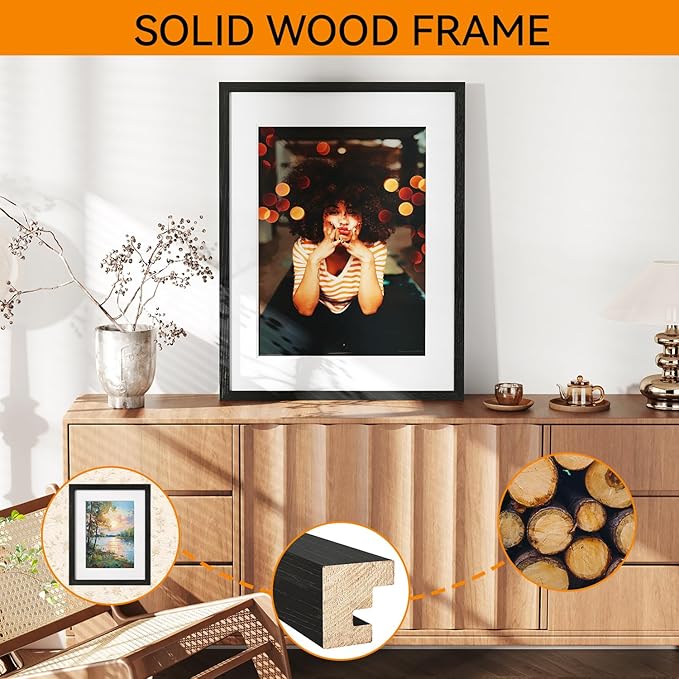 IBUYKE 18x24 Picture Frame,Solid Oak Wood 18x24 Photo Frame with Mat to 16x20,18x24 Picture Frames With Tempered Glass,Wall Mount Display,Home Decor,Black Oak 24 x 18 Frame,UWPF1824B-Ruum Studio Home