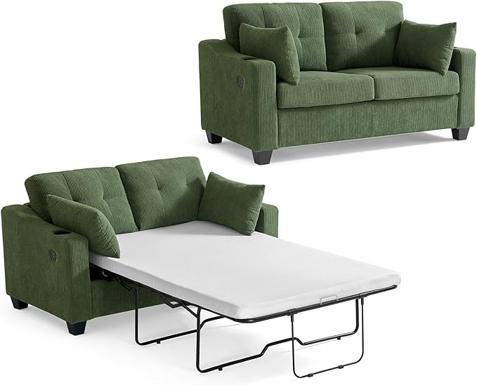 Pull Out Sofa Bed, Full Size Sleeper Sofa, 2-in-1 Convertible Corduroy Couch with USB Charging, Memory Form Couch for Living Room, Apartment and Small Space (Green, Corduroy - Full Size)-Ruum Studio Home