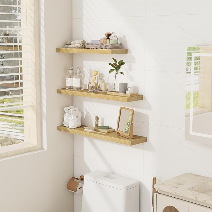 Fun Memories Floating Shelves Wall Shelf 24 inches Long, Farmhouse Bathroom Shelves Bedroom Kitchen Living Room Shelf Wall Mounted, 24 x 6.7 x 1.4 inch Set of 3, Oak Color-Ruum Studio Home