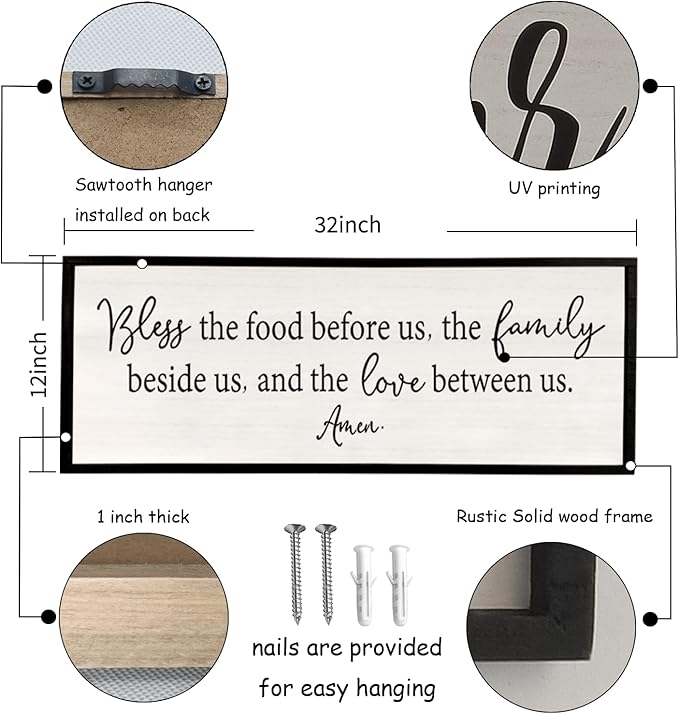 Bless the Food Before Us Sign Wall Decor 32''×12'' Large Farmhouse Dining Room Wall Decor Framed Wood Rustic Home Wall Art Kitchen Decoration (Black)-Ruum Studio Home