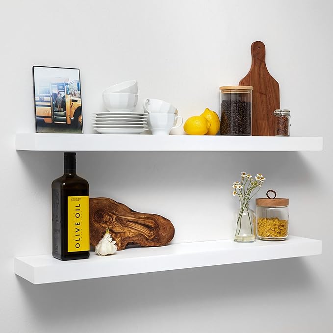 Homeforia White Floating Shelves 36 inch, High End Solid Real Wood 36inch Floating Shelf for Wall Mounted, White Wooden 36in Long Floating Shelves, Heavy Duty Bracket, 36 X 6.5 X 1.75 inches, Set of 2-Ruum Studio Home