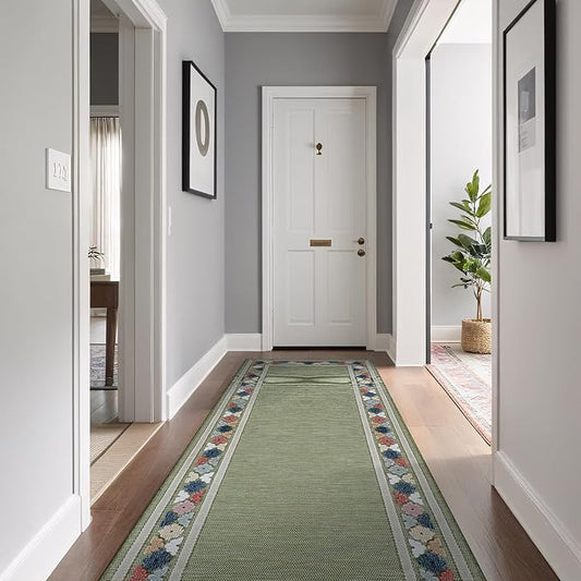 Beverly Rug Outdoor Runner Rug 2x7 Modern Floral Bordered Area Rugs for Indoor and Outdoor Patio Easy to Clean Non Shedding Living Room Porch Garden Washable Outside Carpet (2 x 7 Green)-Ruum Studio Home
