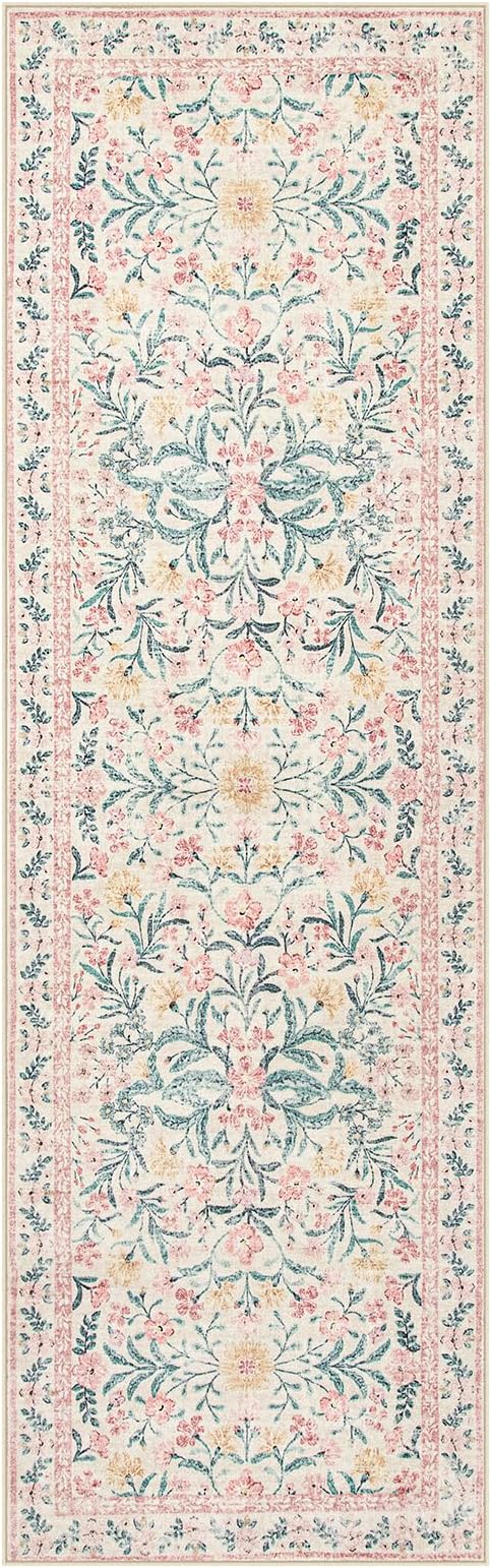 Wonnitar Floral Washable Runner Rug, 2'6"x8' Runners for Hallways Pink Rugs for Entryway Bedroom, Boho Non Slip Soft 8ft Long Carpet for Kitchen Bathroom Laundry-Ruum Studio Home