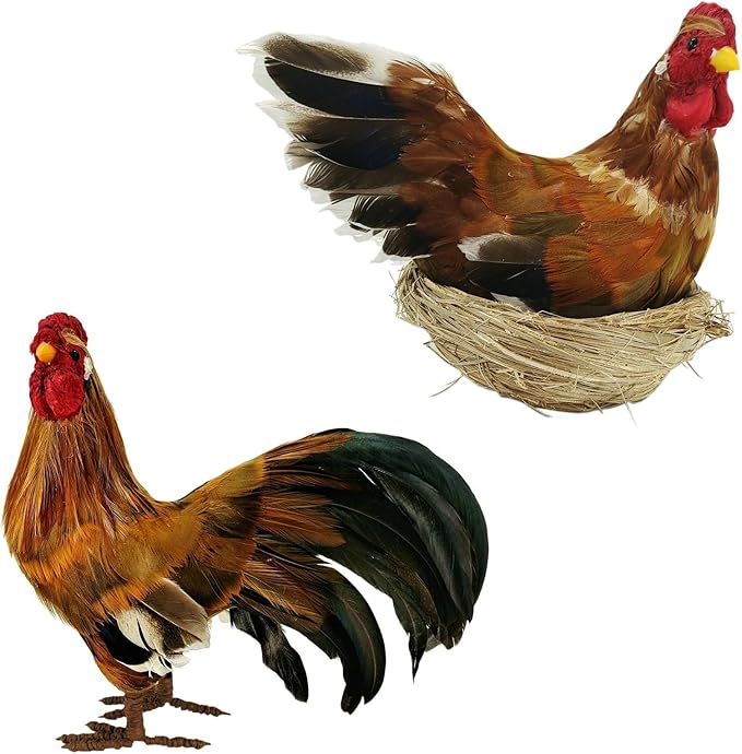 naturevibe 8.8 Inches Feathered Rooster Decor and Hen,Realistic Farm Animals Figurine with Real Feathers as Fall Decorations,Autumn Chicken Decor for Fall Centerpiece or Harvest Festival Display-Ruum Studio Home