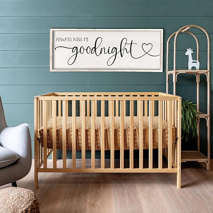 flowtorely Always Kiss Me Goodnight Wall Sign For Master Bedroom Above Bed Wall Decor 32''×12'' Large Rustic Solid Wood Frame For Farmhouse Couples Above bed Wall Art Decoration (White)-Ruum Studio Home