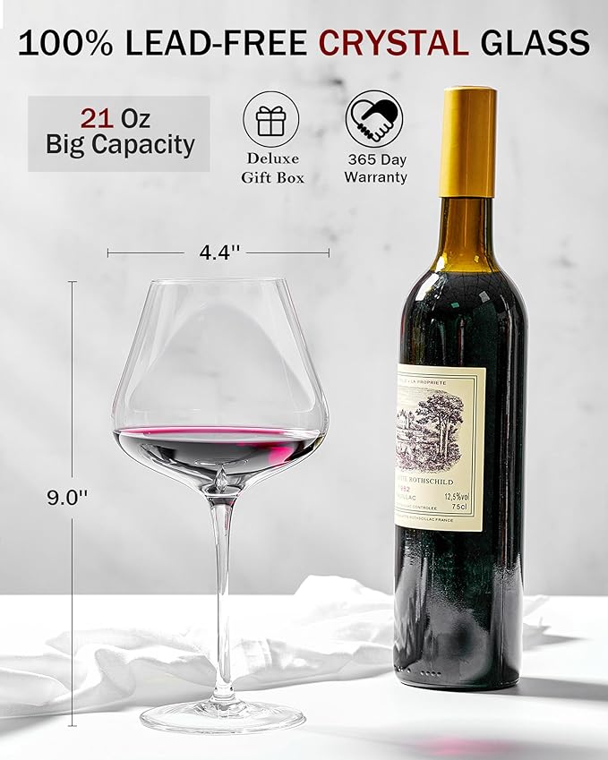 JBHO Hand Blown Italian Style Crystal Burgundy Wine Glasses - Lead-Free Premium Crystal Clear Glass - Set of 2-21 Ounce - Gift-Box for any Occasion-Ruum Studio Home