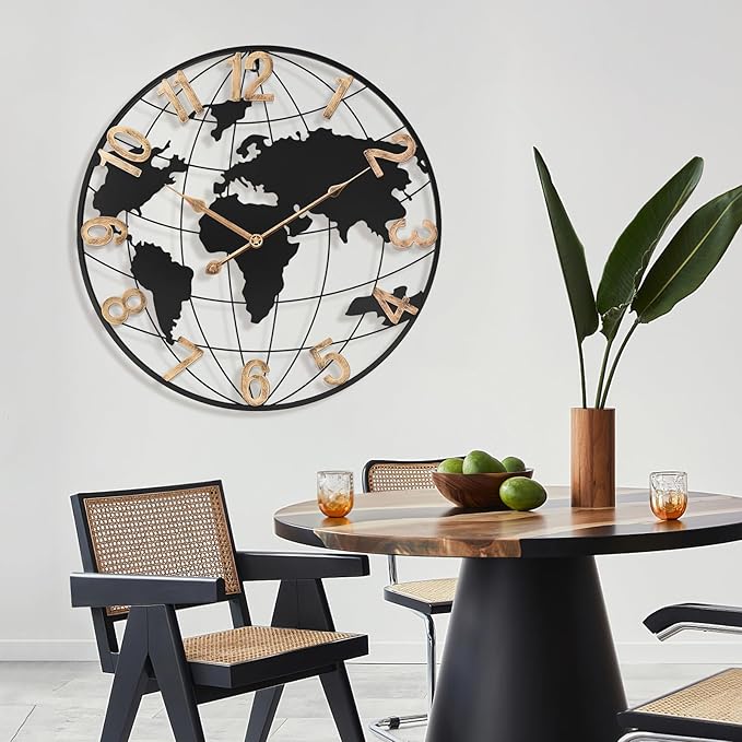 20 Inch Large Wall Clock for Living Room Decor,Big Modern Decorative Silent Metal World Map Wall Clock with Vintage Gold Arabic Numeral for Office,Living Room,Kitchen,Dining Room-Ruum Studio Home