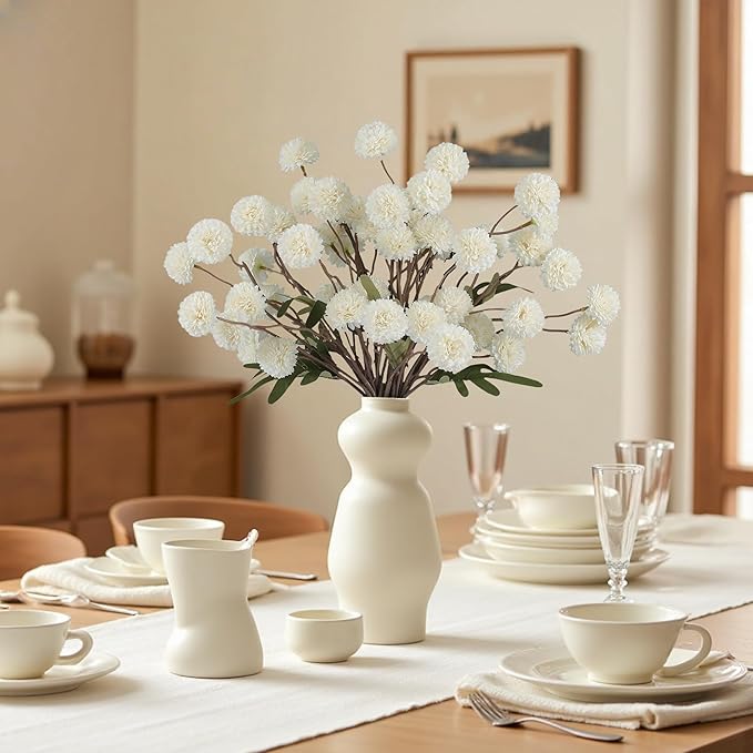 Faux White Kiku Flowers 10 Stems & 2 Eucalyptus, Fake Mums Pompon Flower Ball, Autumn Artificial Chrysanthemums Flowers for Boho Bedroom Decor, Silk Mini Faux Kiku Flower Wedding Arrangements Decor-Ruum Studio Home