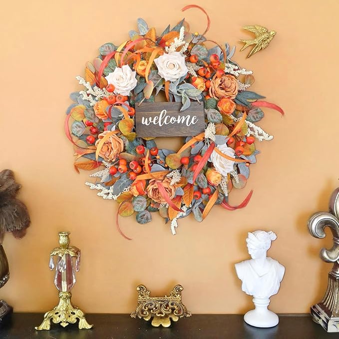 Fall Wreath for Front Door, 24 Inch Autumn Wreath with lamb's Ear Leaves, Roses, Berries & Wooden Sign,Fall Decorations for Home, Artificial Flowers Harvest and Thanksgiving Indoor & Outdoor-Ruum Studio Home