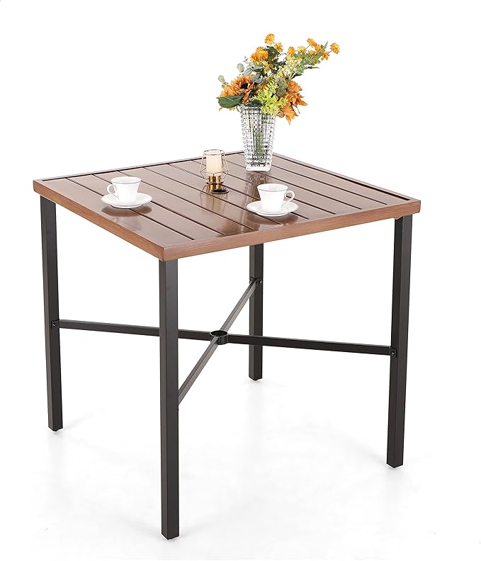 PHI VILLA 36"X36" Outdoor Metal Counter Height Table with 1.57" Umbrella Hole, Square Table with Teakwood-Brown Table Top and Black Table Legs for Outdoor and Indoor-Ruum Studio Home