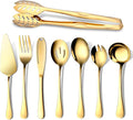 Gold Serving Utensils, OGORI 8-Piece Polished Stainless Steel Flatware Silverware Set Include Serving Spoon, Slotted Spoon, Cake Server, Soup Ladle, Fork, Salad Fork, Butter Knife, Serving Tong-Ruum Studio Home