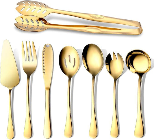 Gold Serving Utensils, OGORI 8-Piece Polished Stainless Steel Flatware Silverware Set Include Serving Spoon, Slotted Spoon, Cake Server, Soup Ladle, Fork, Salad Fork, Butter Knife, Serving Tong-Ruum Studio Home
