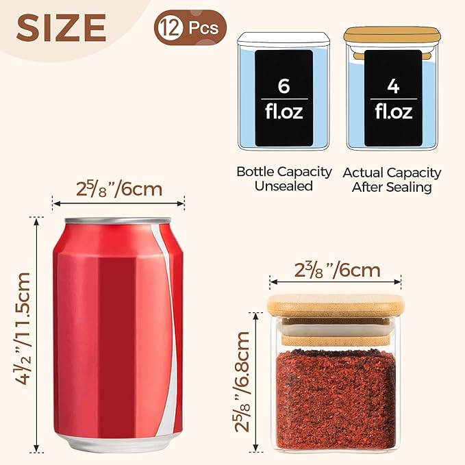ComSaf 12Pcs Glass Spice Jars with Bamboo Lid, 4oz Airtight Square Spice Containers with 275 Black Lables, Empty Seasoning Jars for Spice Salt Sugar-Ruum Studio Home