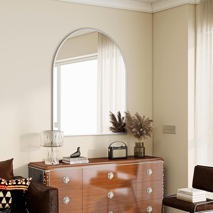 BEAUTYPEAK 36"x48" Arch Bathroom Mirror, Wall Mounted Vanity Metal Frame Mirror for Bedroom, Entryway, Living Room, Silver-Ruum Studio Home