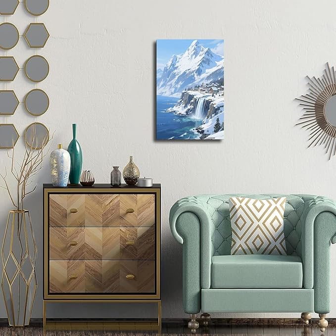 Winter lakeside town and snowy scenery merge together to form a landscape poster wall art suitable for living room bedroom and office-Ruum Studio Home