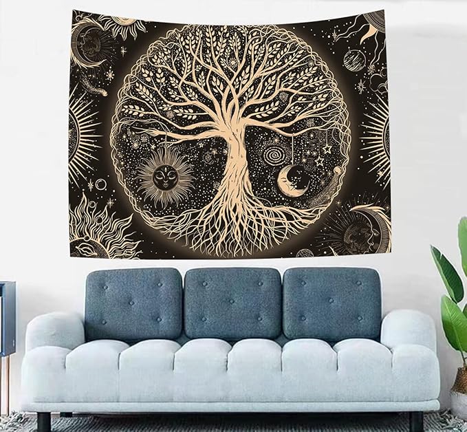 FORATER Tree of Life Tapestry Wall Hanging Sun Moon Stars Tapestries Aesthetic Galaxy Wall Tapestry Nature Home Decoration for Living Room Bedroom(36 x 48 Inch, Black and Gold)-Ruum Studio Home