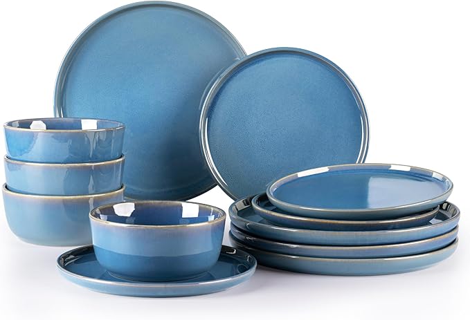 GBHOME Ceramic Dinnerware Sets for 4, 12 Pieces Stoneware Plates and Bowls Sets, Reactive Glaze Dishes -Scratch Resistant, Dishwasher&Microwave Safe-Alaskan Blue-Ruum Studio Home