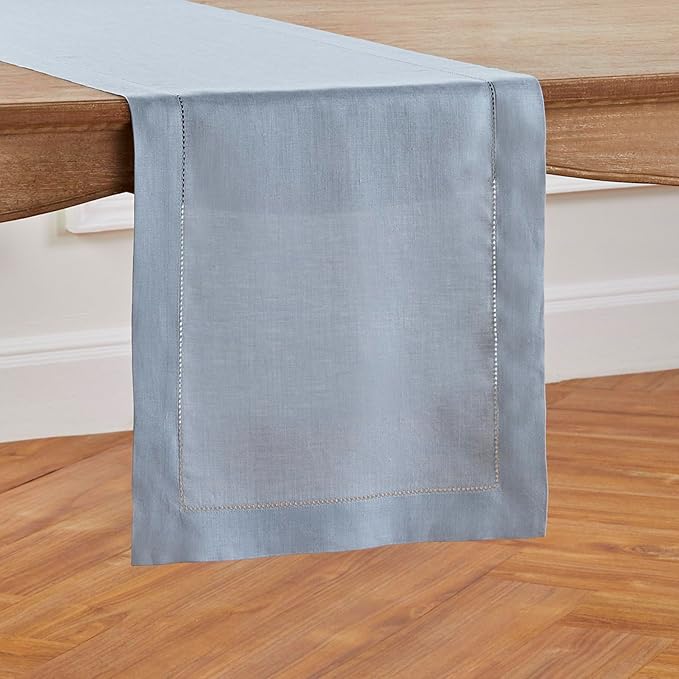 Solino Home Linen Dusty Blue Table Runner 36 Inches - Classic Hemstitch, 100% Pure Linen Coffee Table Runner 14 x 36 Inch Ideal for Dresser Tables - Fall, Autumn, Halloween, Thanksgiving-Ruum Studio Home