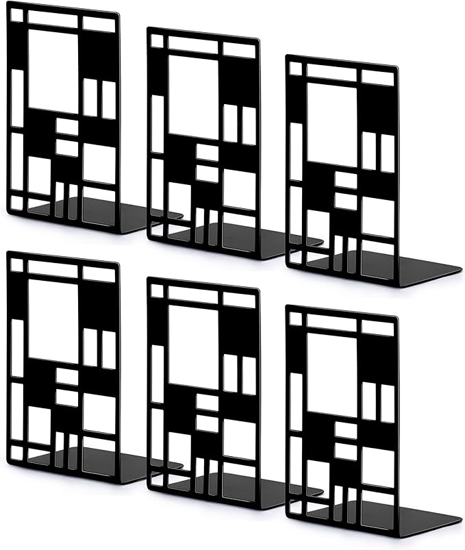 Book Ends, Bookends, Book Ends for Shelves, Bookends for Heavy Books, Book Divider Decorative Holder, Metal Heavy Duty Bookend Black 3 Pair, Abstract Art Desgin Book Stopper Supports for Office, Home-Ruum Studio Home