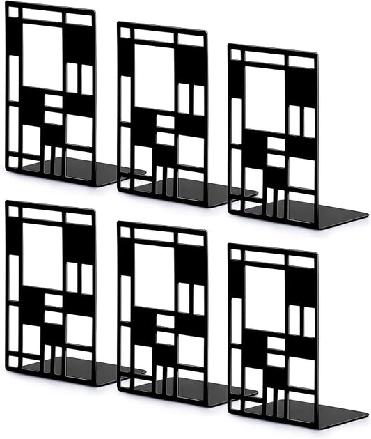 Book Ends, Bookends, Book Ends for Shelves, Bookends for Heavy Books, Book Divider Decorative Holder, Metal Heavy Duty Bookend Black 3 Pair, Abstract Art Desgin Book Stopper Supports for Office, Home-Ruum Studio Home