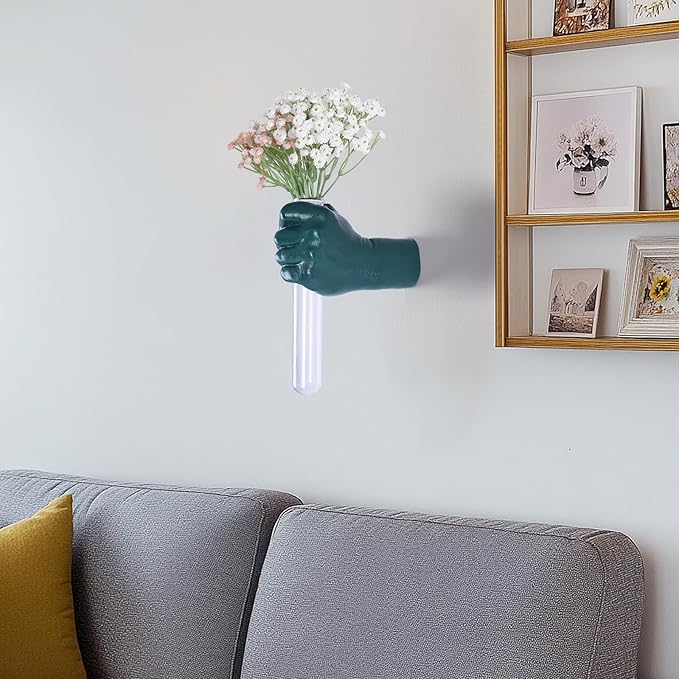 Green Wall Sculptures, Hand Vases Home Decor, Wall Mount Art Sculpture, Unique Wall Art Statue, Funky Flower Vase Decorations, Modern Eclectic Hanging Decor,Glass Test Tube Vase-Ruum Studio Home