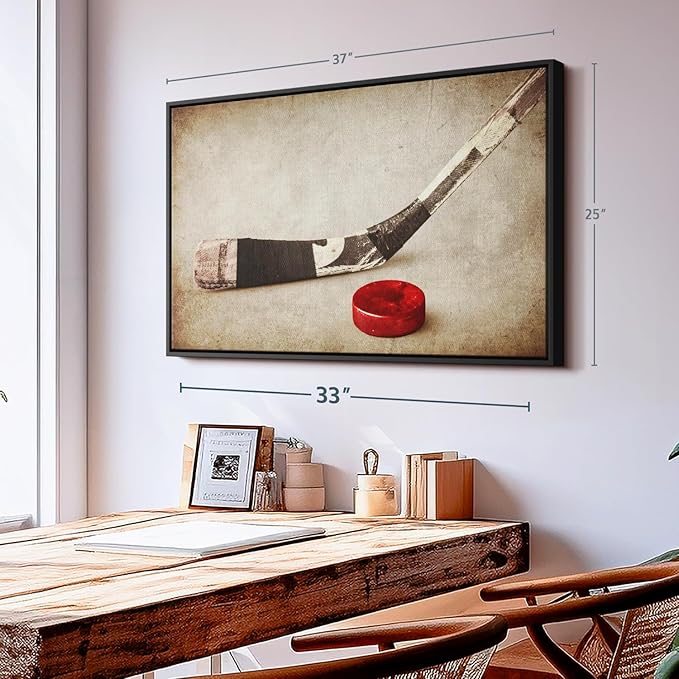 Elephant Stock Vintage Ice Hockey Wall Art - Horizontal Framed Canvas - 1-Piece Hallway Wall Decor - Photography Sports Canvas Print - Brown and Beige Decor for Wall - 37" X 25"-Ruum Studio Home