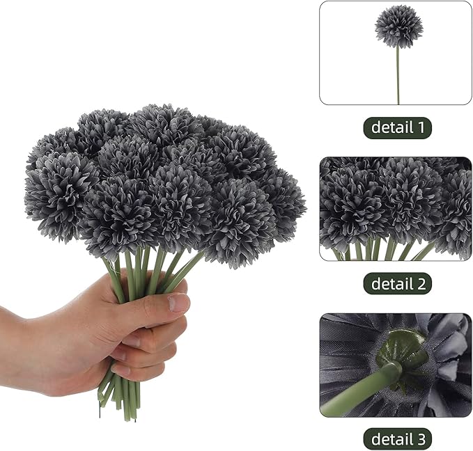Kimura's Cabin 20Pcs Faux Mums Flowers Artificial Silk Chrysanthemums Fake Ball Flower for Halloween Fall Home Kitchen Table Decor Arrangement Decoration Bouquets (Grey Black)-Ruum Studio Home