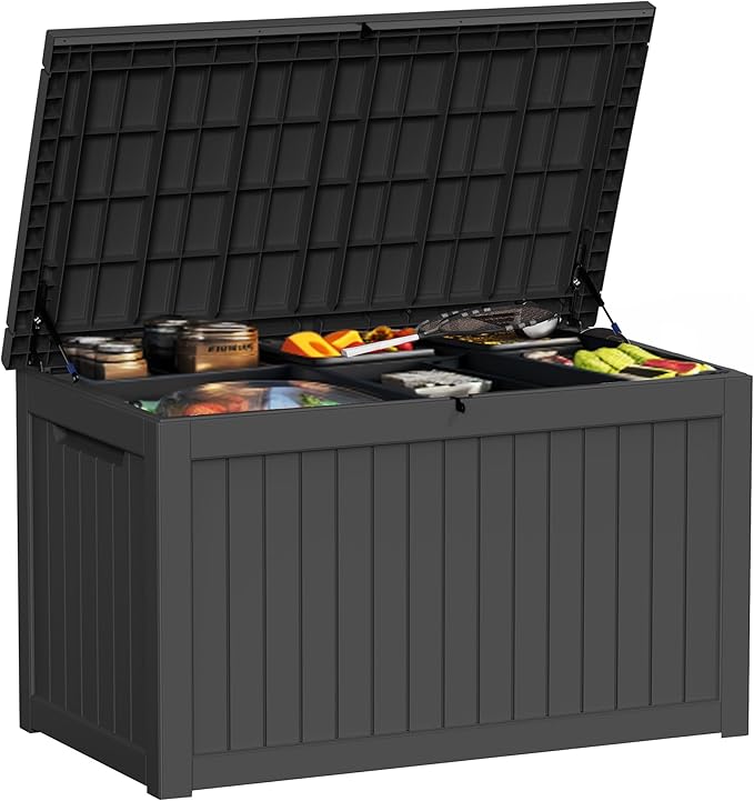 230 Gallon Deck Box Large Outdoor Storage for Patio Furniture,Outdoor Cushions,Garden Tools and Pool Supplies,Waterproof,Resin,Lockable(Black)-Ruum Studio Home