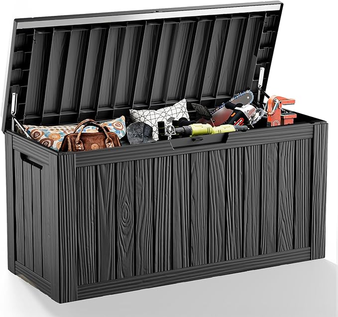85 Gallon Deck Box Waterproof,Outdoor Storage Box Lockable for Patio Cushions,Garden Tools,Pool Accessories with Hydraulic Rod, UV-Resistant and Durable for Patio,Garden Use-Ruum Studio Home