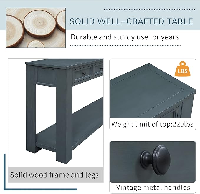 Solid Wood Console Table, Long Sofa Table Entryway Table with 4 Drawers and Bottom Shelf for Hallway Living Room Couch Table,Fully Assembled (63" Navy)-Ruum Studio Home