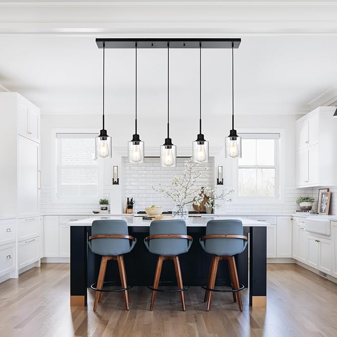 Black Chandelier 5 Light Dining Room Lighting Fixtures Hanging Linear Pendant Lights Industrial Modern Chandelier with Seeded Glass for Kitchen Island Living Room Bedroom Foyer Hall Entryway-Ruum Studio Home