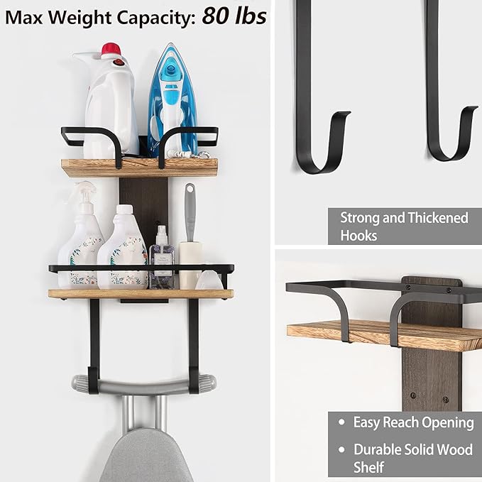 VINAEMO Ironing Board Hanger Wall Mount, 2-Layer Iron and Ironing Board Holder, Laundry Room Shelves Solid Wood with Removable Hooks Home Organization and Storage-Ruum Studio Home