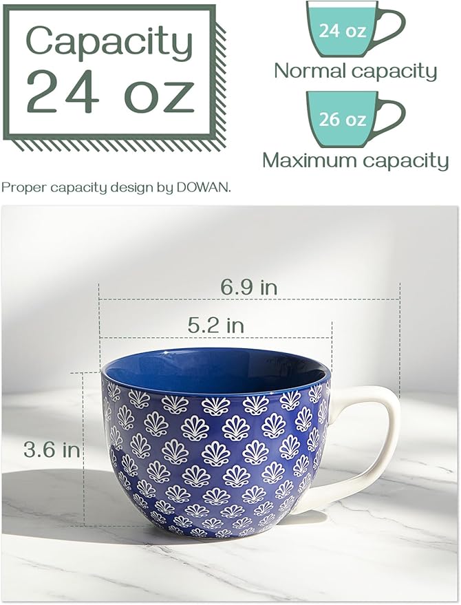 DOWAN Coffee Mugs Set of 4, 24 oz Large Coffee Mugs, Jumbo Soup Mugs With Handles, Ceramic Coffee Cups for Coffee Cereal Latte for Men Women, Housewarming Wedding Gift, Vintage Blue-Ruum Studio Home