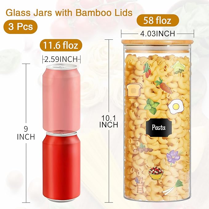 Glass Jars with Bamboo Lids, 58 oz 3 Pcs Kitchen Glass Containers with Bamboo Lids, Airtight Glass Pantry Storage Containers with Lids for Rice, Flour, Nuts, Cookie, Pasta, Oatmeal, Bean-Ruum Studio Home