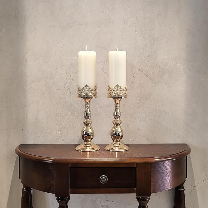 Candle Holders for Pillar Candles Gothic Matte Black Vintage Tall Candle Holders Set of 2 Decorative Large Table Centerpieces Candle Stand Decor (Gold 2PCS A)-Ruum Studio Home