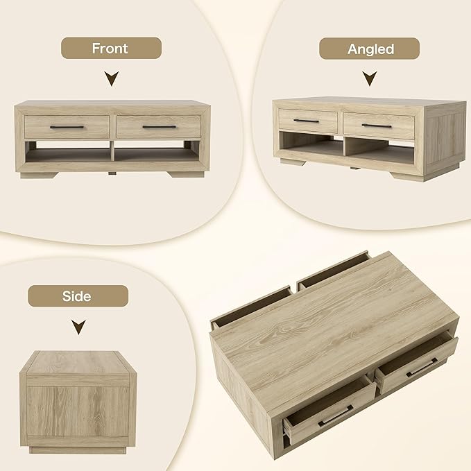 Hazel Coffee Table with 4 Storage Drawers and Open Shelf, Metal Handles, Rectangular Modern Luxury Table for Living Room-Ruum Studio Home
