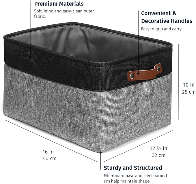 OrganiHaus Extra Large Fabric Storage Bins for Shelves 16x13in, Closet Storage Baskets for Shelf Organizing, Canvas Rectangle Bins for Organization, Linnen Baskets for Organizing - Gray/Black-Ruum Studio Home