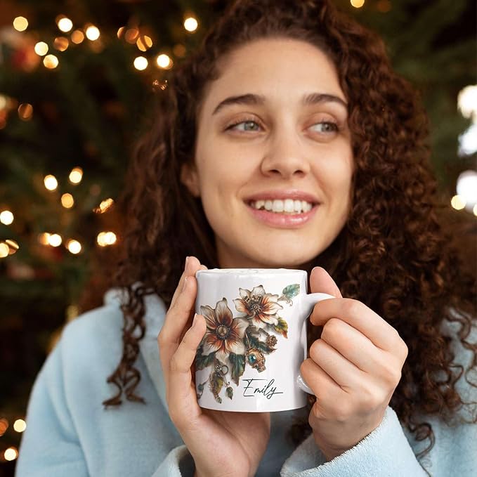 Customized Name Coffee Cup, Custom Steampunk Floral Design Cup, Personalized Flower Lover Ceramic Cup 11oz, White Mug Gift For Floral Enthusiasts, Steampunk Flower Cup For Birthday-Ruum Studio Home