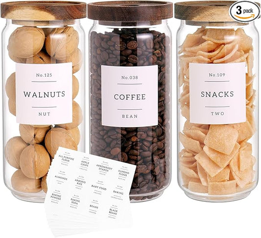 3 Set Glass Pantry Storage Jars with Acacia Airtight Lid - 35oz Thicken Glass Kitchen Canisters with 132 Pantry Labels - Clear Food Storage Containers with Wood Lid for Tea,Sugar,Cookie,Pasta-Ruum Studio Home