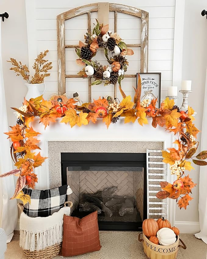 DearHouse Fall Maple Leaves, 6ft Artificial Autumn Foliage Thanksgiving Decor for Home, Wedding, Fireplace, Party, Christmas (Yellow&Brown)-Ruum Studio Home